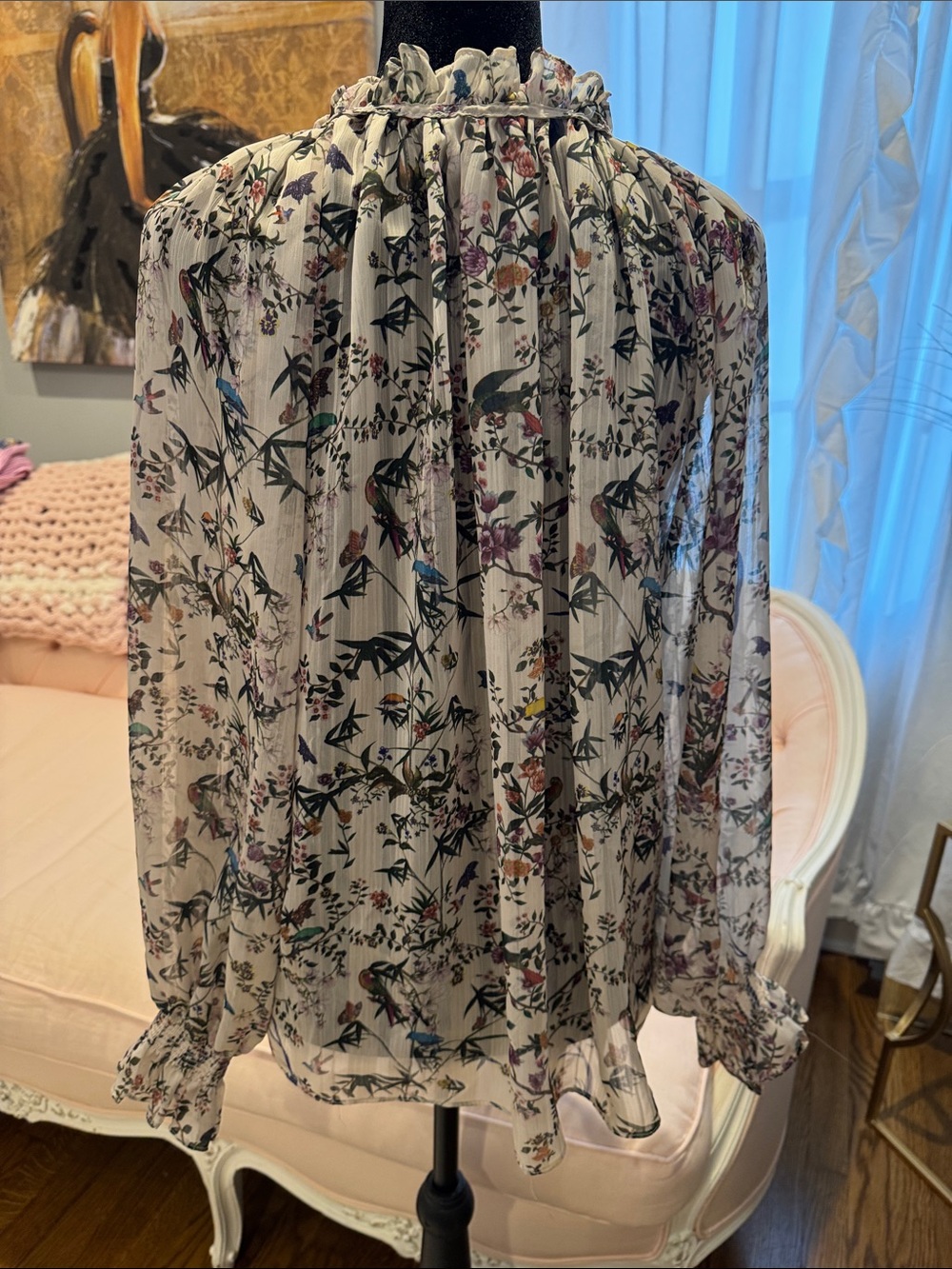 H&M Ivory Sheer Floral Tie-Neck Blouse with Multicolor Print - Picture 4 of 9